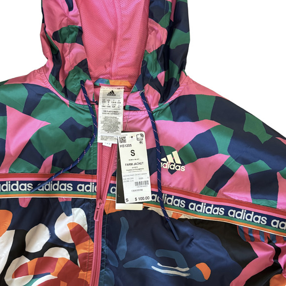 NWT ADIDAS x FARM RIO Women’s Hooded Full Zip Windbreaker Track Jacket sz Small - Picture 7 of 9